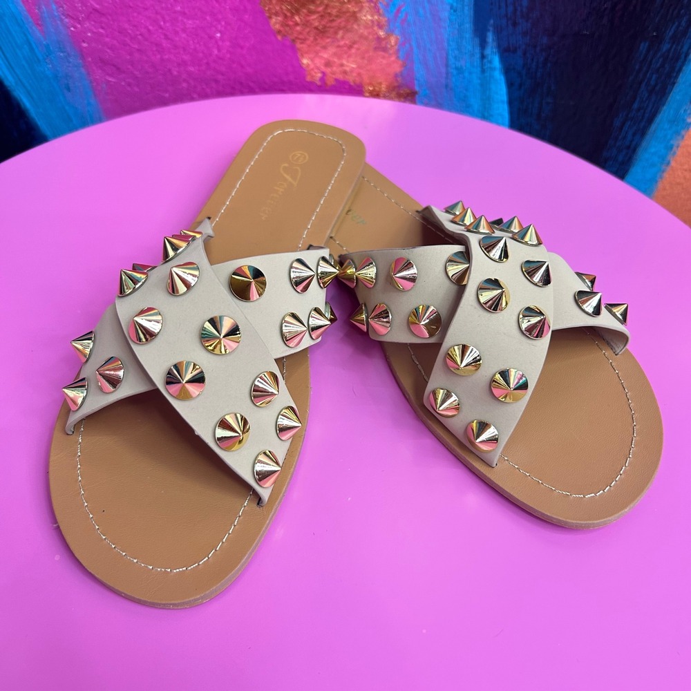 Forever Women 7.5 Sandals Taupe Studded Criss Cross Slide Dorit-68 New - Picture 4 of 6
